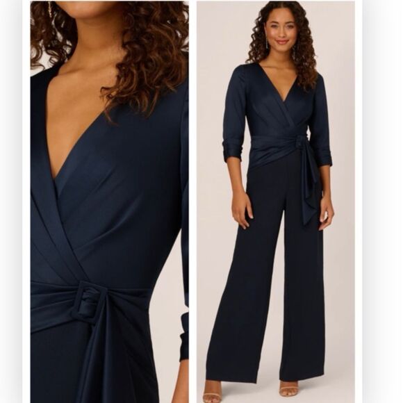 Adrianna Papell Satin Crepe 3 Quarter Sleeve Jumpsuit Buckle Waist 4 NWT $189 - Picture 1 of 7